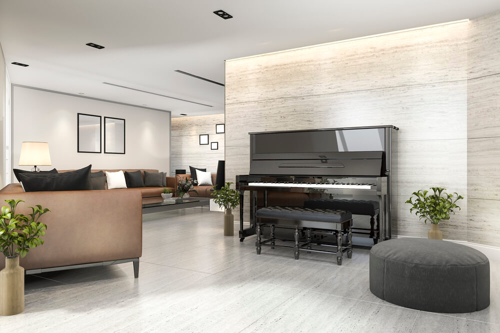 Piano being showcased In large living area