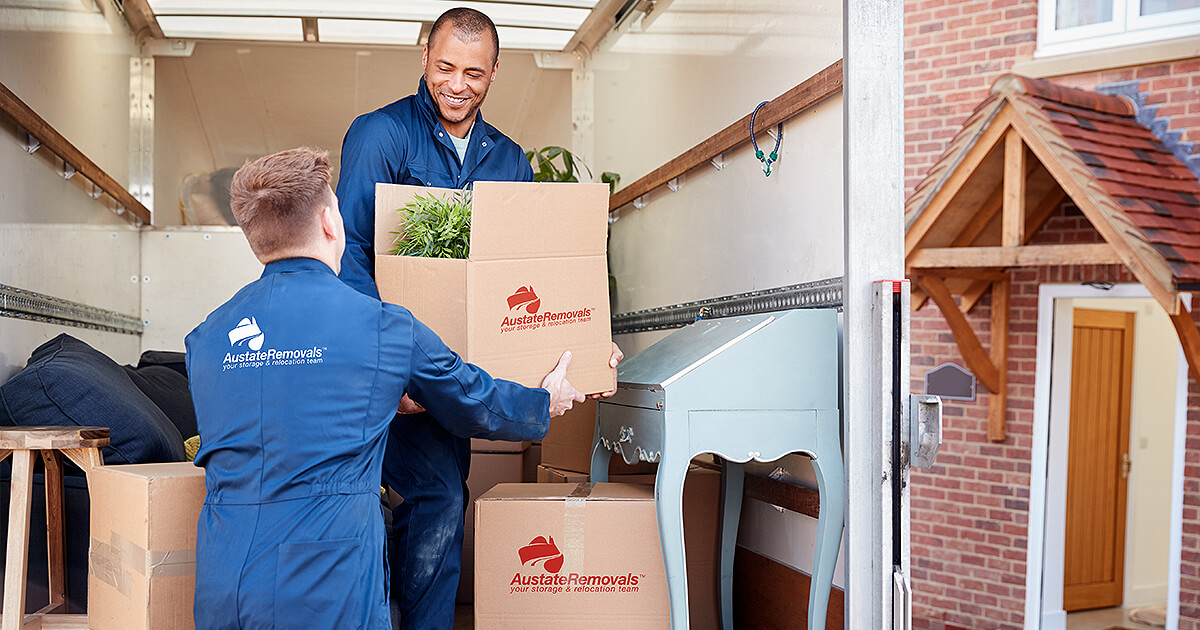 Removalists unloading boxes from truck