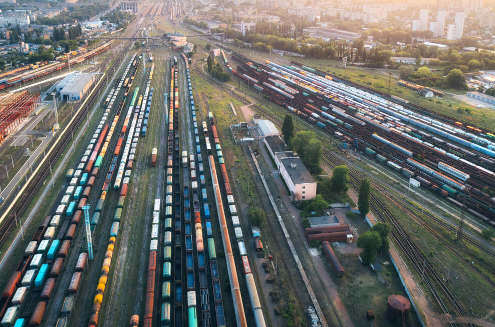 Aerial view of freight trains in yard