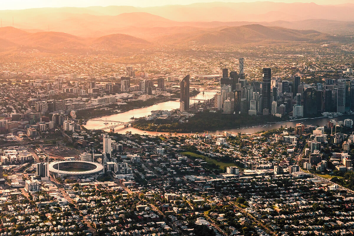 Aerial view of Brisbane city at sunset