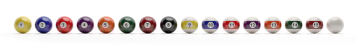 Line of 16 billiard balls on white background