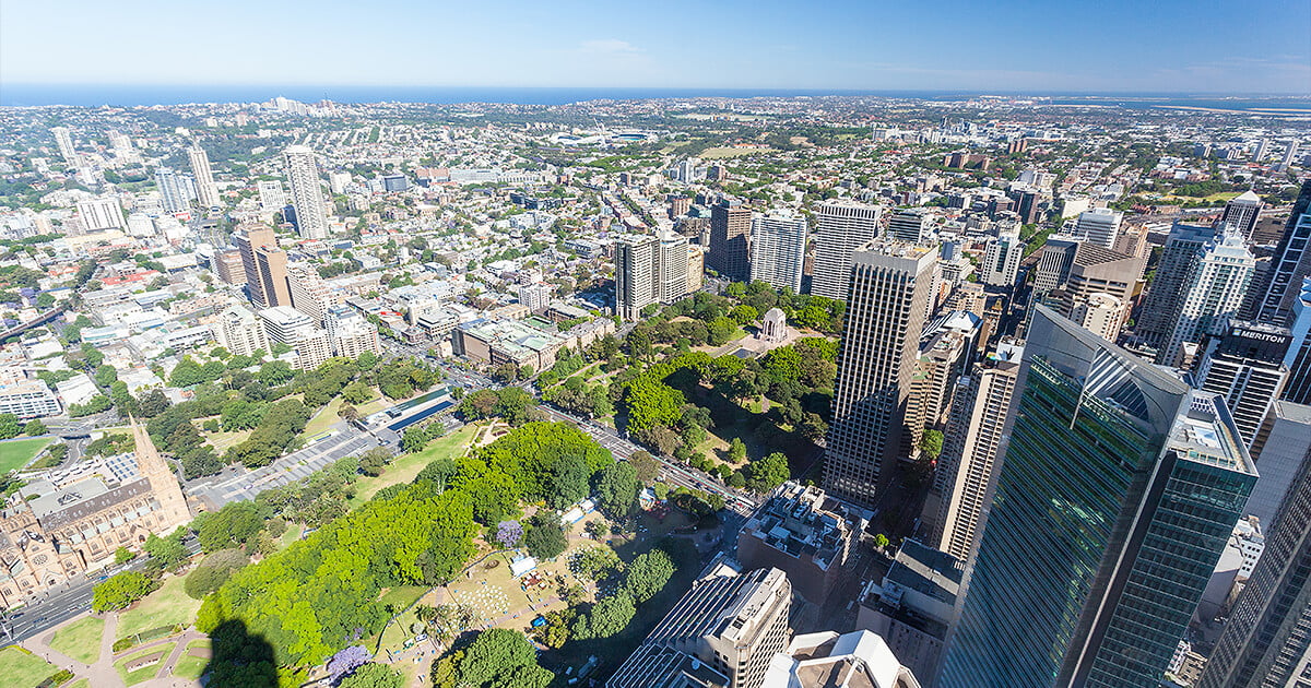 View of park and suburban housing in Sydney suburbs near city