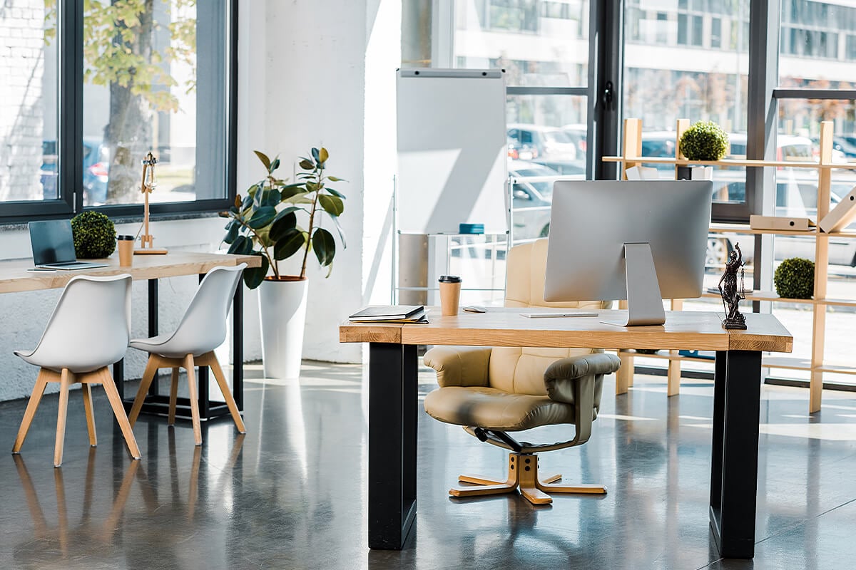 Minimal office setup with timber furniture