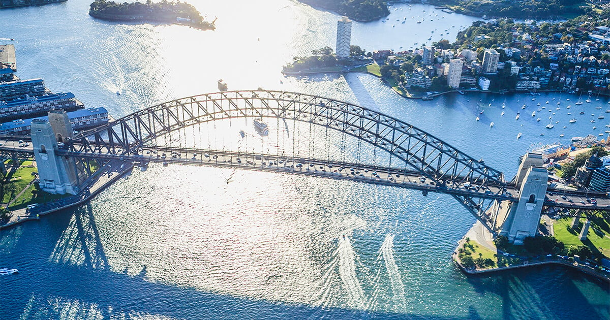 High view looking over the Sydney Harbour Bridge mid-morning