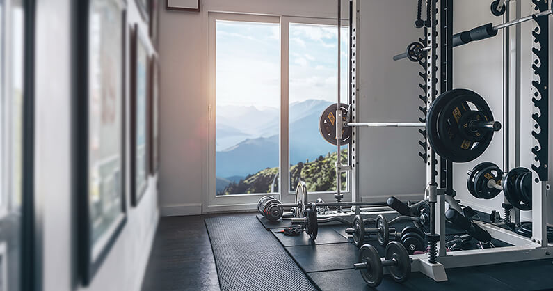 Home gym equipment with mountain view
